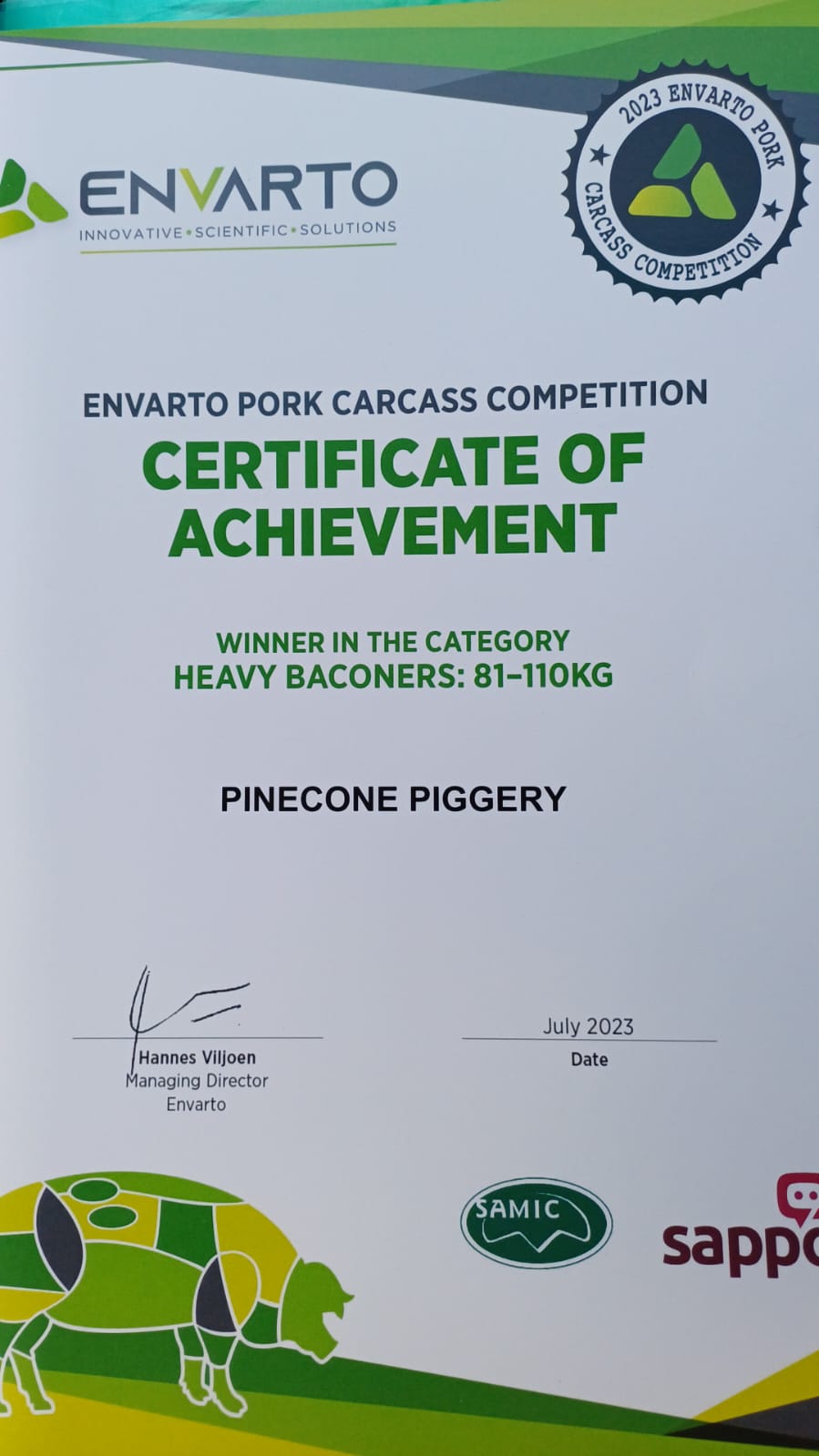 Envarto Pork Carcass Competition certificate of achievement, winner in the heavy baconers 81-110 kg category