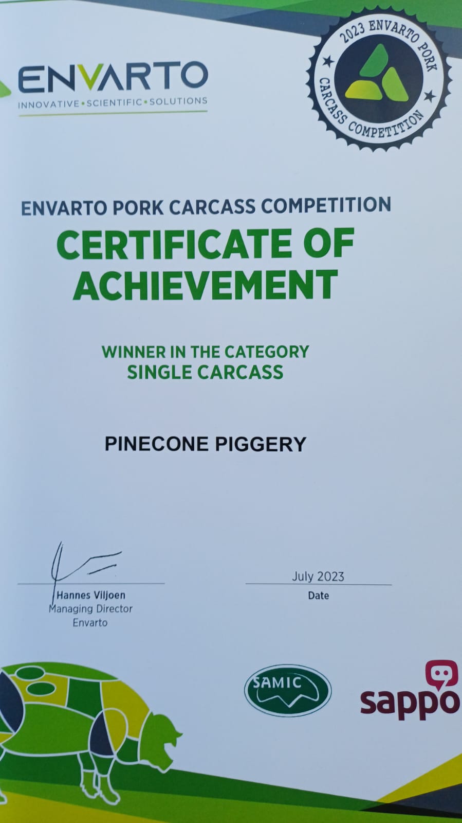 Envarto Pork Carcass Competition certificate of achievement, winner in the single carcass category