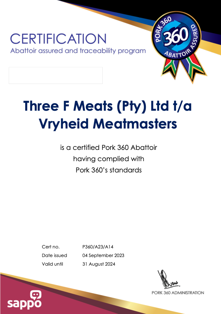 Pork 360 certification certificate for Vryheid Meatmasters abattoir